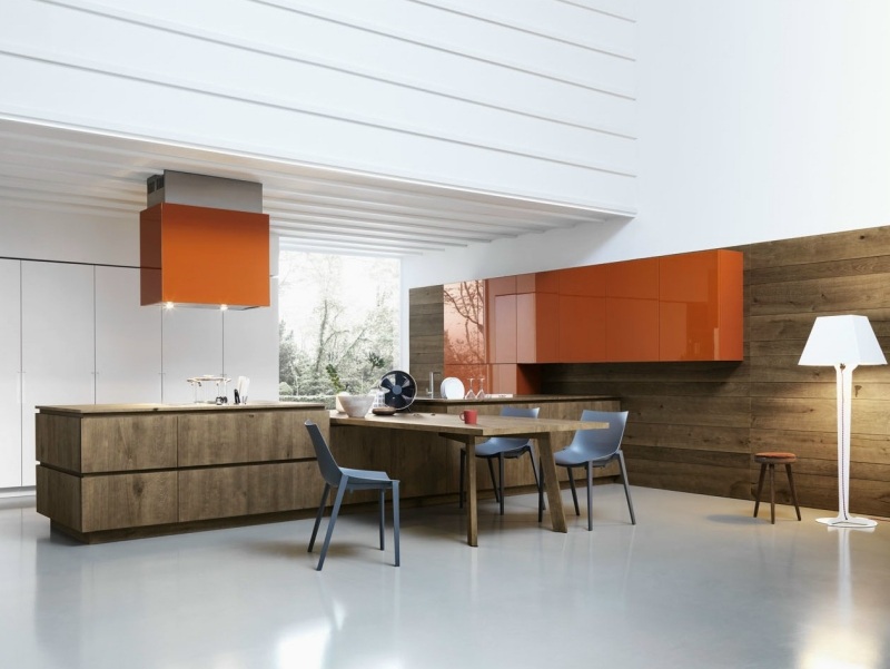 îlot de cuisine table-rectangulaire-bois-chaises-hotte-aspirante-orange