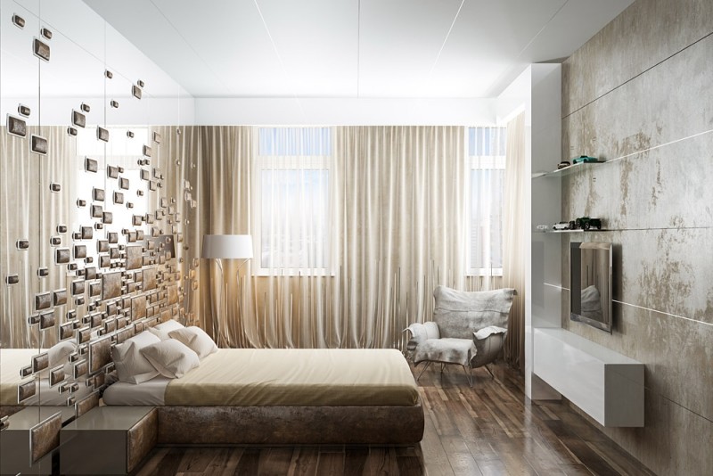 interieur-design-moderne-chambre-coucher-mur-miroir-ridaux-palette-neutre intérieur design