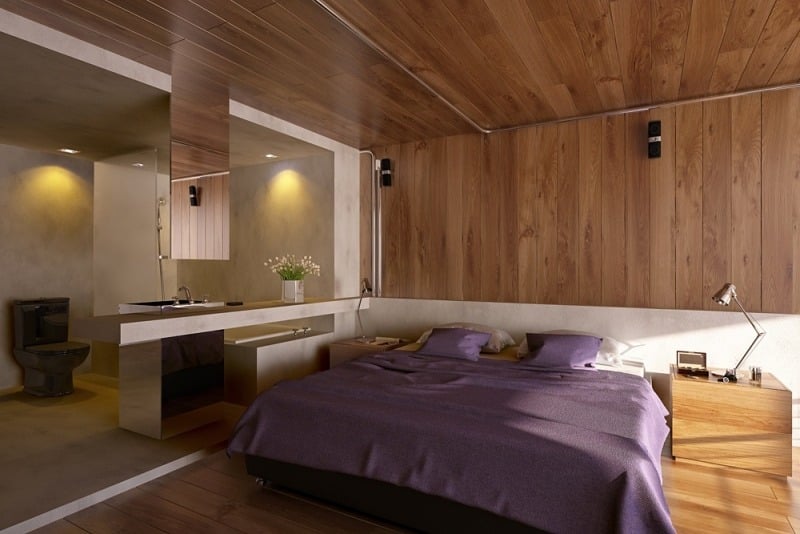 interieur-design-moderne-chambre-coucher-panneau-bois-salle-bains-attenante