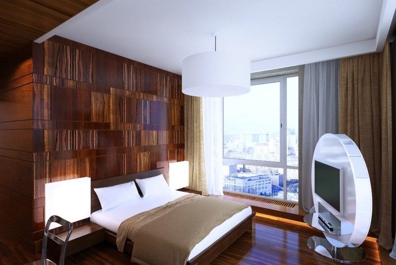 interieur-design-moderne-chambre-coucher-panneau-mural-bois-lustre-blanc-meuble-tv
