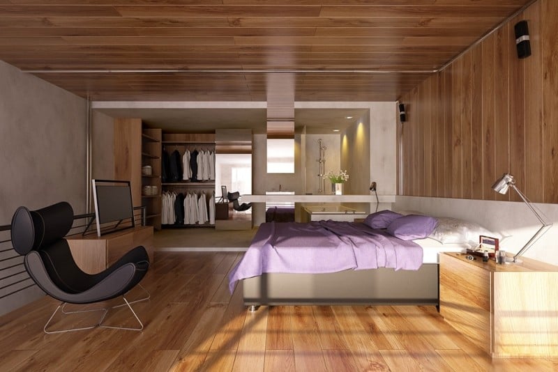 interieur-design-moderne-chambre-coucher-revêtement-plafond-sol-bois-dressing