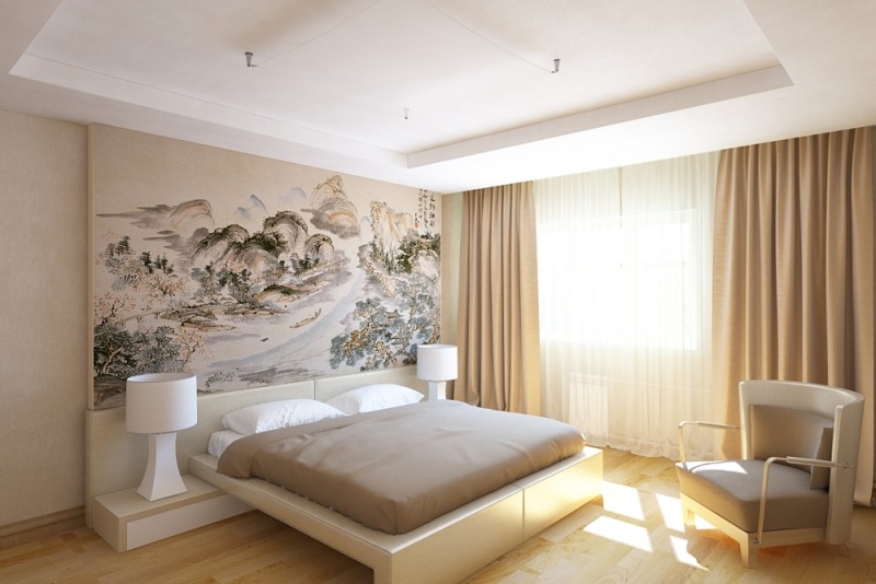 interieur-design-moderne-chambre-coucher-rideaux-lampes-chevet-tableau