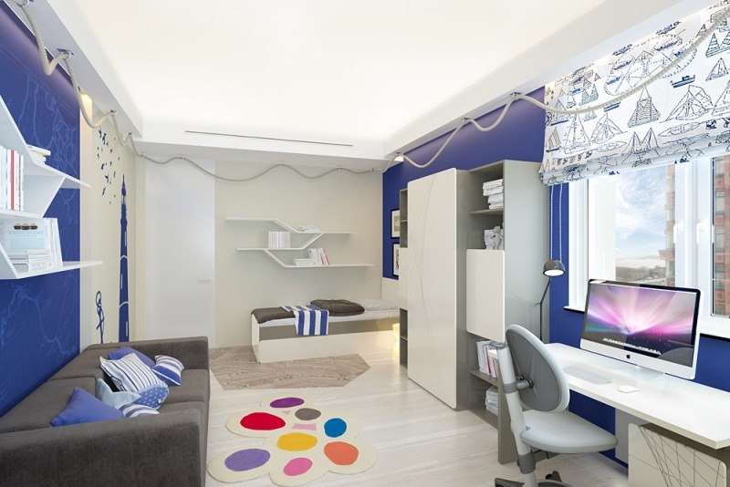 interieur-design-moderne-chambre-enfant-déco-marine-bleu-blac-bureau-canapé intérieur design