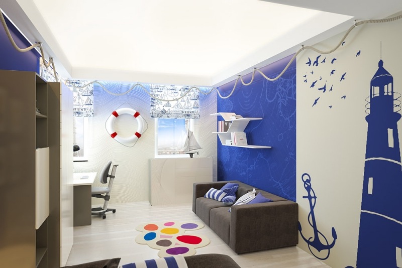 interieur-design-moderne-chambre-enfant-marine-armoire-bureau-canapé-étagères intérieur design