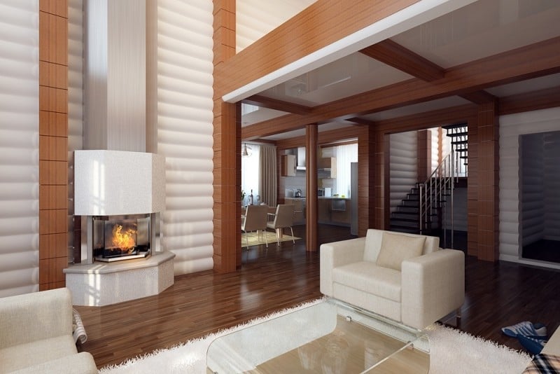 interieur-design-moderne-cheminée-habilage-blanc-table-verre-tapis-shaggy