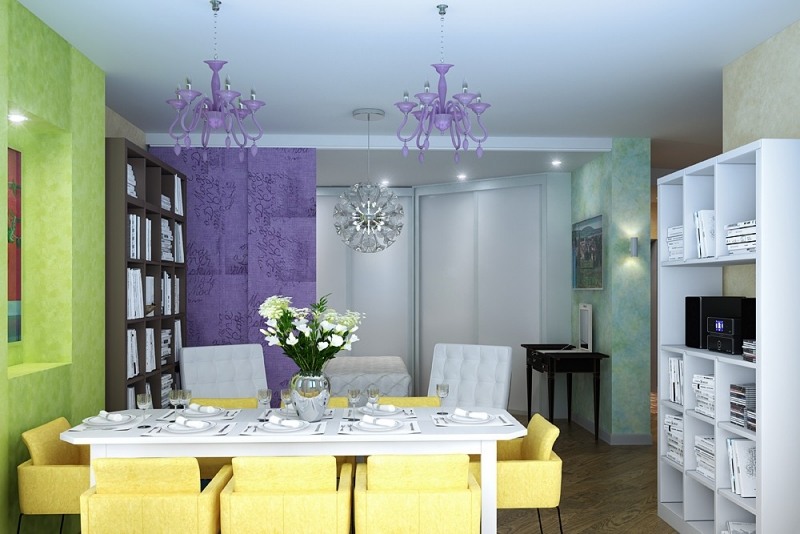 interieur-design-moderne-coin-repas-lustres-lilas-paravent-meuble-rangement