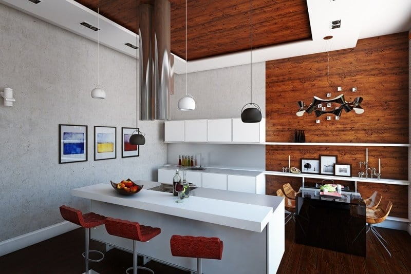 interieur-design-moderne-cuisine-panneau-mural-bois-suspensions-îlot-blanc-armoires