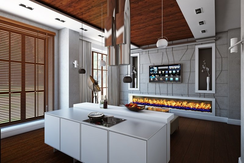 interieur-design-moderne-cuisine-îlot-cheminée-suspensions-stores-bois