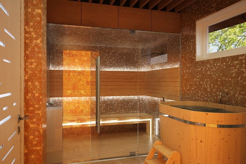 interieur-design-moderne-mosaique-hexagone-salle-bains-sauna-baignoire-bois