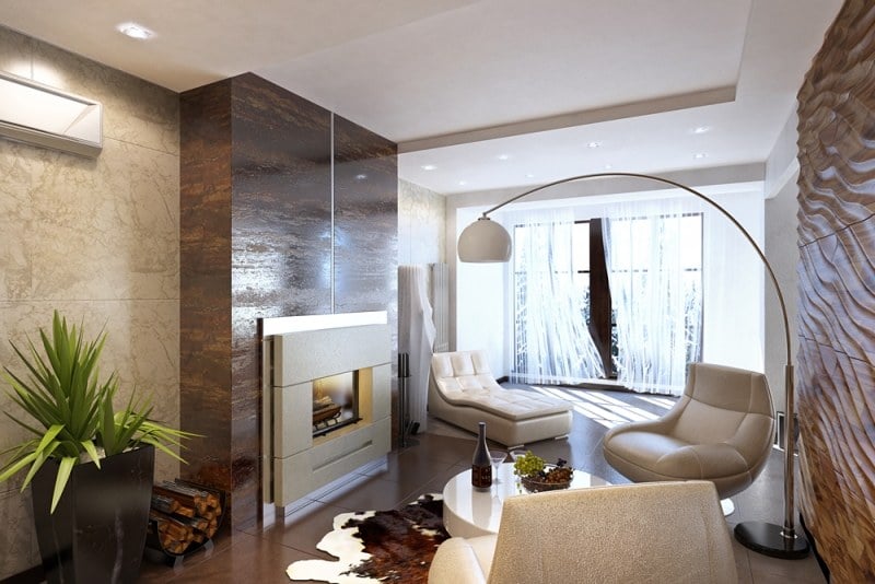 interieur-design-moderne-panneau-mural-3d-lampe-sol-tapis-peau-vache-habillage-cheminée