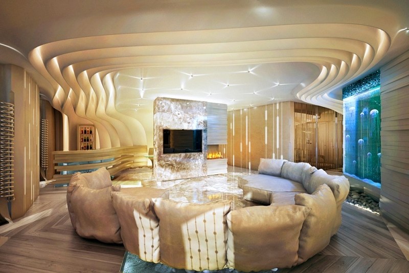 interieur-design-moderne-plafond-décoratif-ondes-canapé-modulable-aquarium-méduses