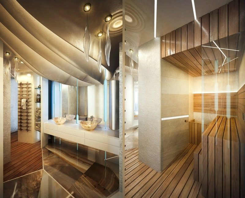 interieur-design-moderne-revêtement-sol-bois-sauna-suspensions-verre-vasque-ronde