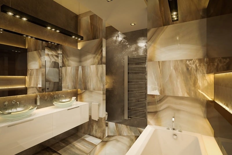 interieur-design-moderne-salle-bains-carrelage-marbre-miroirs-vasques-verre intérieur design
