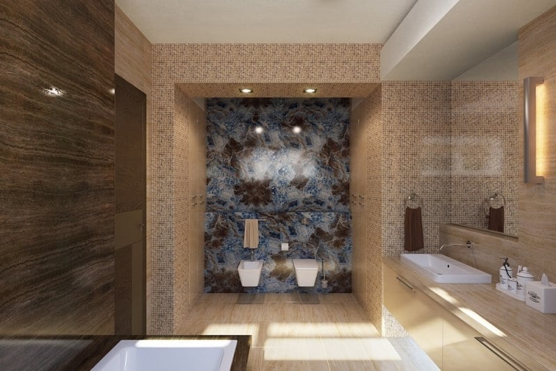 interieur-design-moderne-salle-bains-mosaique-maron-sanitaire-blanc
