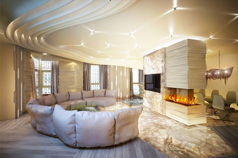 interieur-design-moderne-salon-canapé-arrondi-spots-led-cheminée-accents-onyx