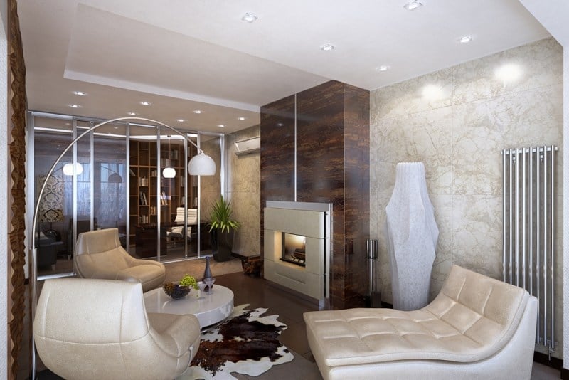 interieur-design-moderne-salon-cheminée-fauteuils-canapé-cuir-spots-led