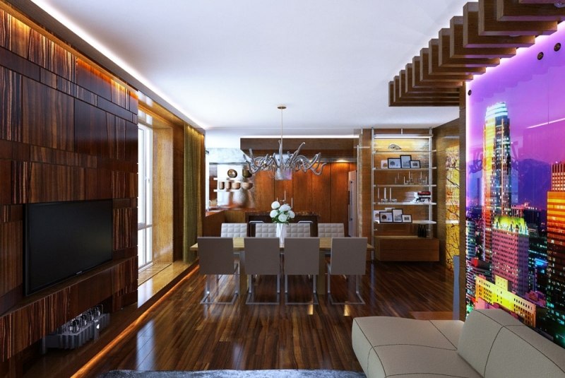 interieur-design-moderne-salon-déco-murale-lumineuse-coin-repas-lustre