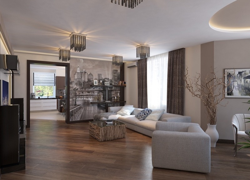 interieur-design-moderne-salon-spacieux-plafonniers-canapé-gris-papier-peint-3d
