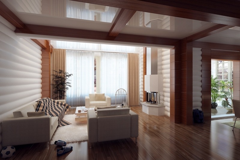 interieur-design-moderne-sol-bois-canapé-fauteuils-blancs-rideaux-beige intérieur design
