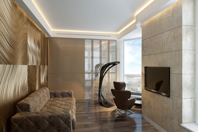 interieur-design-moderne-éclairage-indirect-panneau-mural-3d-canapé-capitonné-fauteuil intérieur design