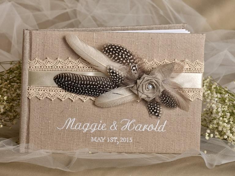 livre-or-mariage-original-décoré-toile-jute-dentelle-plumes