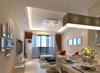 luminaire-salon-lustre-luxe-coin-repas-coussins-canape-droit-tableaux-muraux