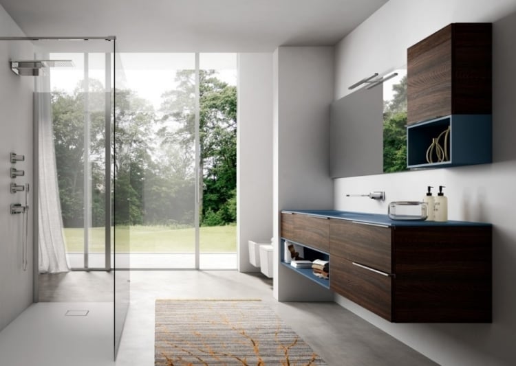 meuble salle de bains bois-foncé-douche-italienne