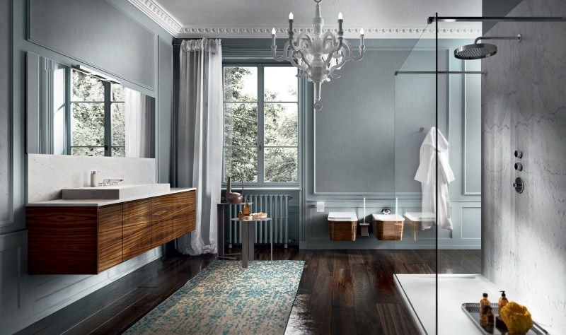 meuble-salle-bains-bois-meuble-vasque-bois-tapis-lustre-cuvette meuble salle de bain en bois