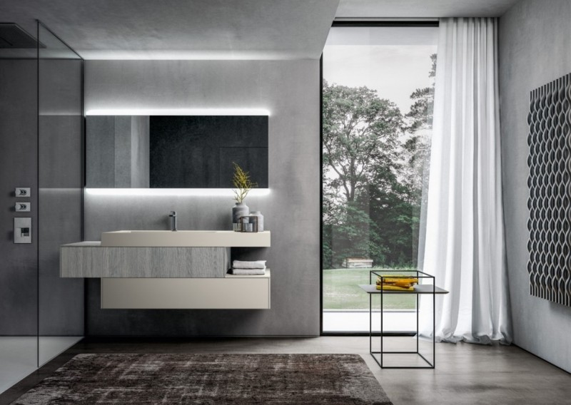 meuble-salle-bains-bois-miroir-lumineux-murs-béton-meuble-vasque-bois-grisâtre
