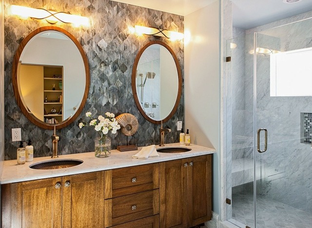 meuble salle de bains bois vasques-encastrées-miroirs-assortis
