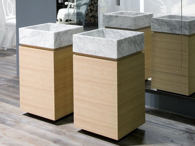 meuble-salle-bains-bois-vasques-pied-marbre meuble salle de bain en bois
