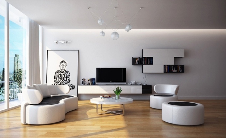 meuble-salon-blanc-canapé-fauteuils-ovale-suspension-meuble-tv