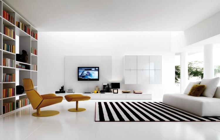 meuble-salon-blanc-canapé-meuble-tv-blanc-tapis-rayé-bibliothèque