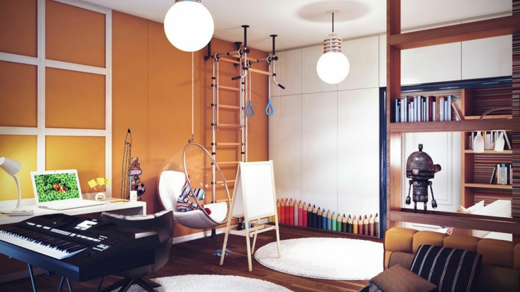 mobilier chambre enfant  chaise-suspendu-etageres-bois-lampe-plafond