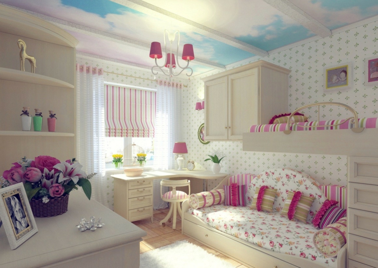 mobilier-chambre-enfant-lit-coussins-linge-lit-armoires-rangement-lampe-plafond