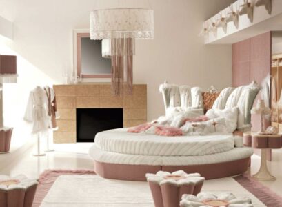 mobilier-chambre-enfant-lit-rond-coussin-couverture-cheminee-lampe-sol