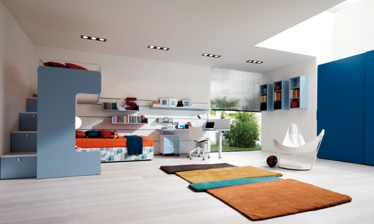 mobilier-chambre-enfant-tapis-orange-lit-etageres-murales