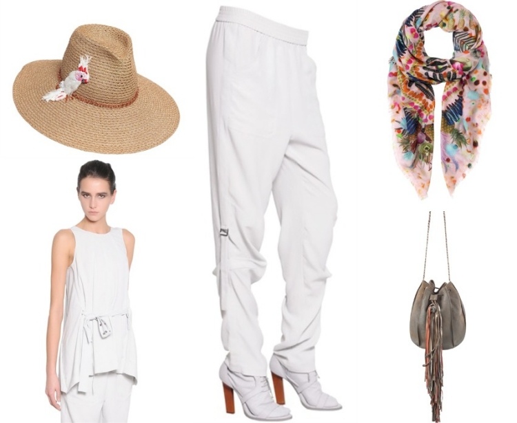 mode-été-2015-femme-pantalon-top-blanc-foulard-chapeau-paille-sac-bourse