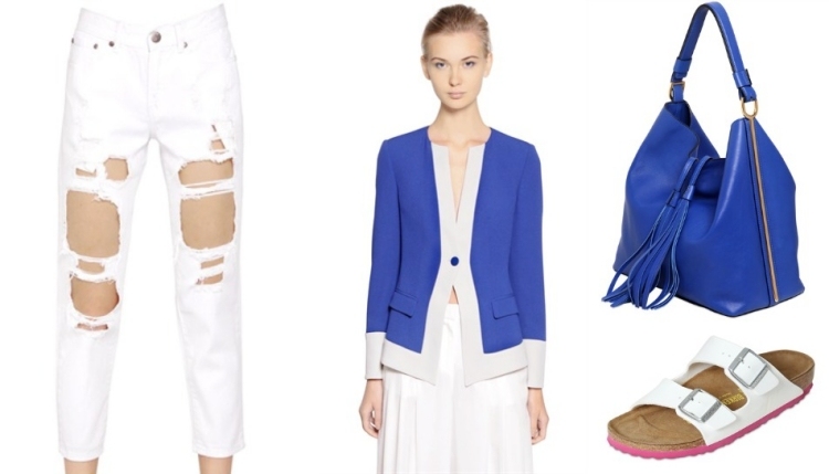 mode-été-2015-femme-sac-main-bleu-pantalon-blanc-déchiré
