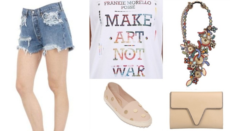 mode-été-2015-femme-shorts-jean-t-shirt-collier-pochette