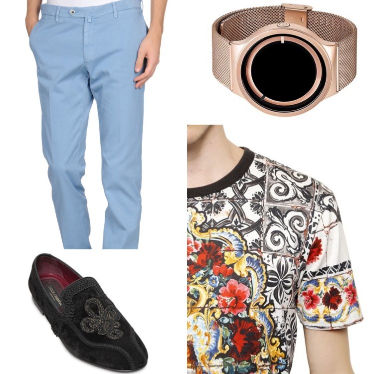 mode-été-2015-homme-pantalon-bleu-montre-t-shirt-impimé-chaussures
