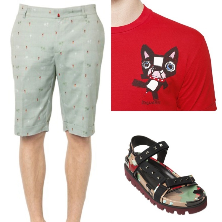 mode-été-2015-homme-pantalon-court-t-shirt-rouge-imprimé-sandales