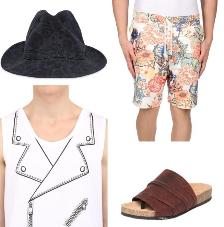 mode-été-2015-homme-t-shirt-chapeau-shorts-motifs-fleurs-sandales1