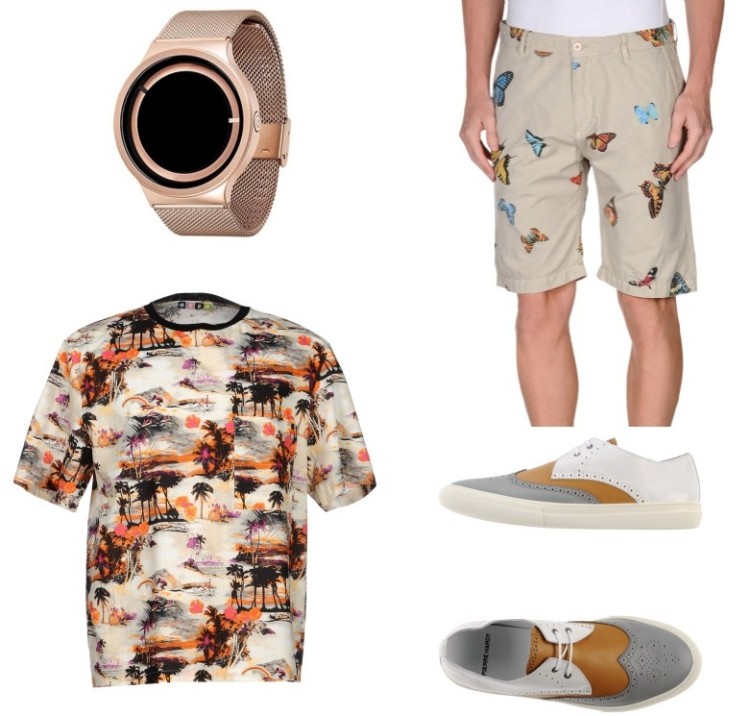 mode-été-2015-homme-t-shirt-imprimé-palmiers-pantalon-court-montre-chaussures