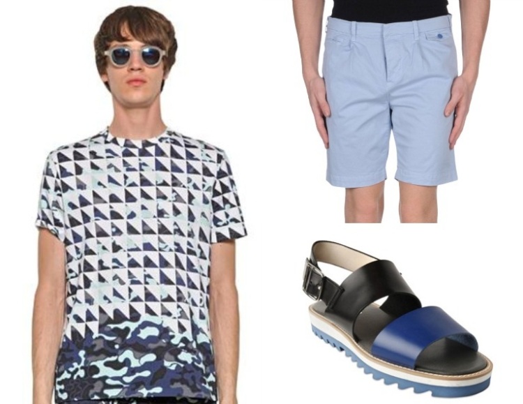 mode-été-2015-homme-t-shirt-imprimé-shorts-bleu-clair-sandales
