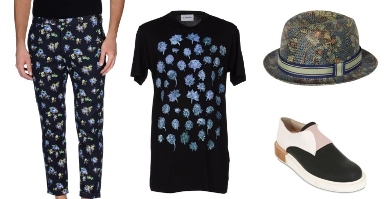 mode-été-2015-homme-t-shirt-pantalon-boir-motifs-floraux-chapeau-chaussures