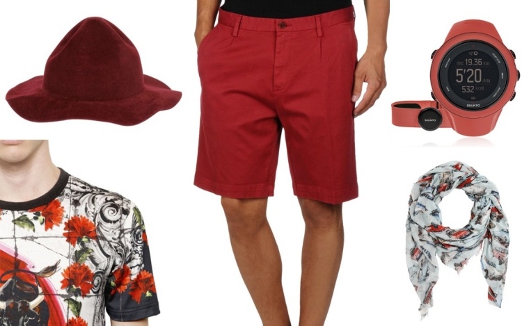 mode-été-2015-montre-oantalon-court-rouge-t-shirt-chapeau-foulard