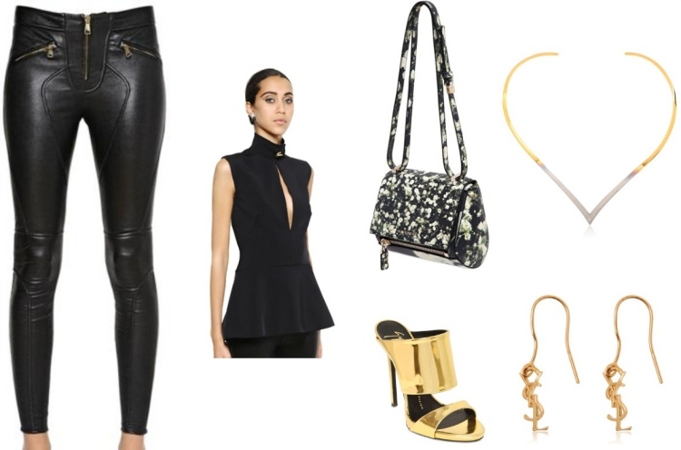 mode-été-2015-pantalon-cuir-noir-top-peplum-sandales-or-collier