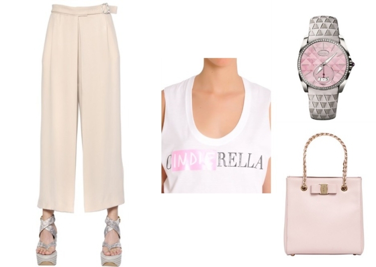 mode-été-2015-pantalon-large-top-blanc-sac-main-rose-montre mode été 2015