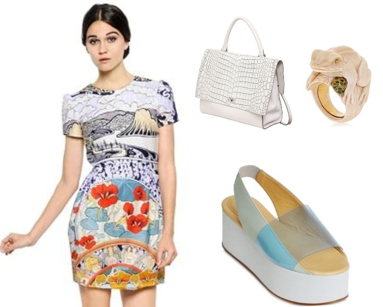 mode-été-2015-robe-motifs-fleurs-paysage-chaussures-plateforme-sac-main